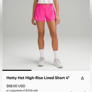 Lululemon hotty hot high rise lined short 4”